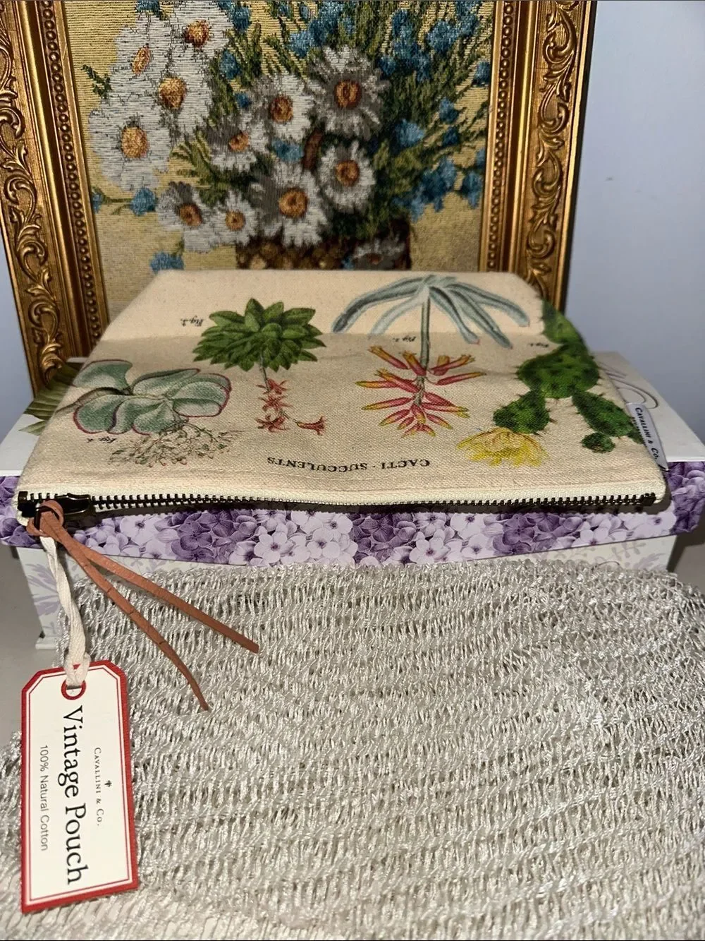 Cavallini & Co Cacti & Succulents natural ivory green vintage pouch 100% cotton